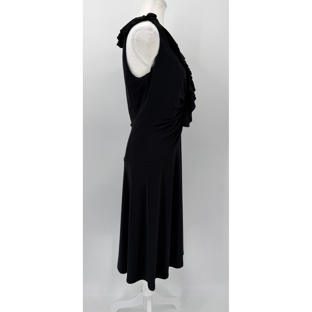 Lauren Ralph Lauren Black Ruffle V-Neck Ruched Midi Dress Womens 8 Sleeveless